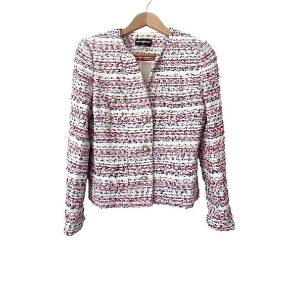 Karl‎ Lagerfeld Paris Red White Blue Tweed Front Pocket Button Jacket Size 4 - Picture 1 of 5
